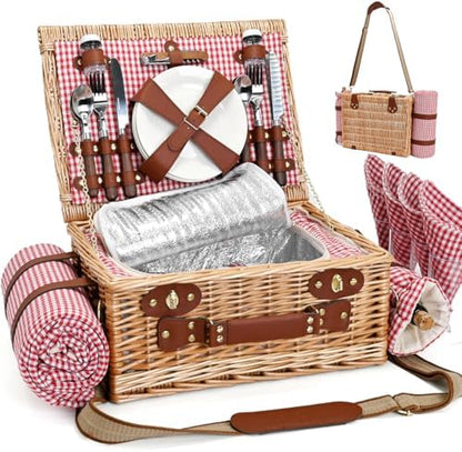 Picnic Basket with Blanket and Wine Pouch for 4, Wicker Picnic Set with Insulated Liner Cooler Bag Hamper for Camping,Wedding - Red Gingham
