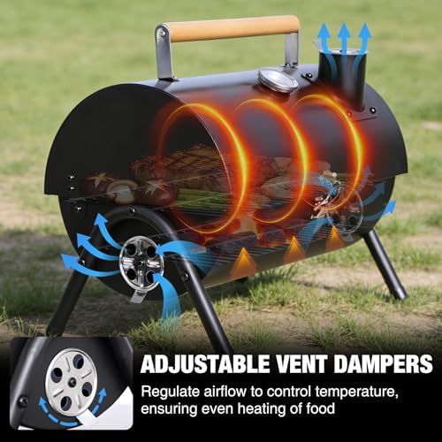Portable Charcoal Grills with Thermometer, Heavy Duty Small BBQ Grill, Easy to Carry Compact Outdoor Camping Grill with Lid for Backyard Party Picnic Travel Hiking Beach Cooking