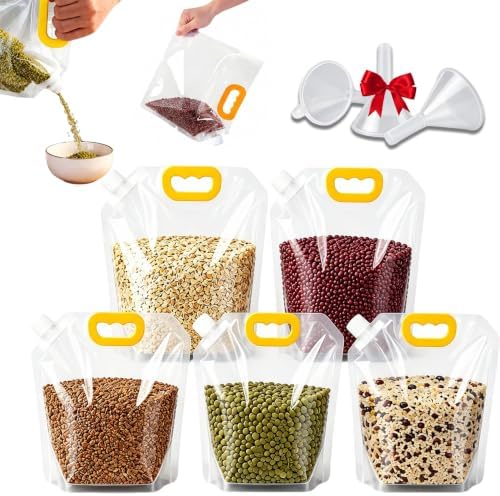 Airtight Grain Storage Bags with Handle - Cereal Containers with Pour Spout, Reusable Rice Food Sealed Container (5PCS,Medium-210 OZ)