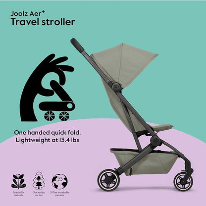 Joolz AER+ Lightweight & Compact Travel Stroller - Portable One-Hand Fold Design - Ergonomic Seat for Infant & Toddler (up to 50 lb) - XXL Sun Hood - Stroller for Airplane -Travel Pouch- Sage Green