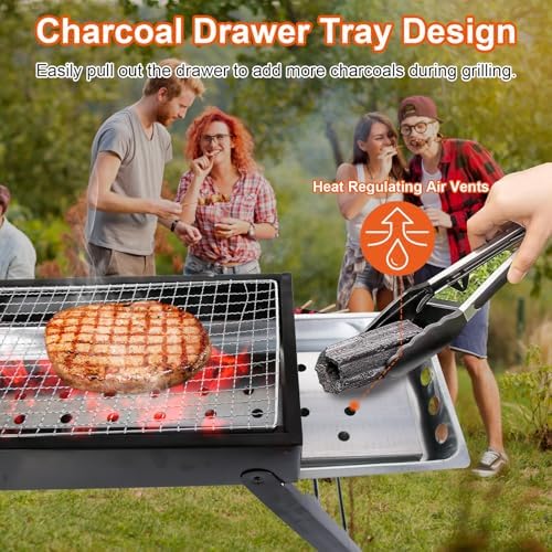 Foldable Charcoal BBQ Grill, 21.8x8.8x12in Portable Grill Charcoal with Side Table, Stainless Steel BBQ Grill, Easy Setup Tabletop Barbecue Grill for Camping Picnic Outdoor Party Backyard Travel