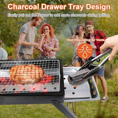 Foldable Charcoal BBQ Grill, 21.8x8.8x12in Portable Grill Charcoal with Side Table, Stainless Steel BBQ Grill, Easy Setup Tabletop Barbecue Grill for Camping Picnic Outdoor Party Backyard Travel