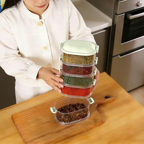 5-Layer Stackable Spice Storage Box - Space-saving Food Containers with Easy Lock Lids, Condiment Organizer Box for Seasoning Cereal Coffee Beans, Family Gathering Picnic Party Camping Use (Green)