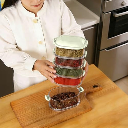 5-Layer Stackable Spice Storage Box - Space-saving Food Containers with Easy Lock Lids, Condiment Organizer Box for Seasoning Cereal Coffee Beans, Family Gathering Picnic Party Camping Use (Green)