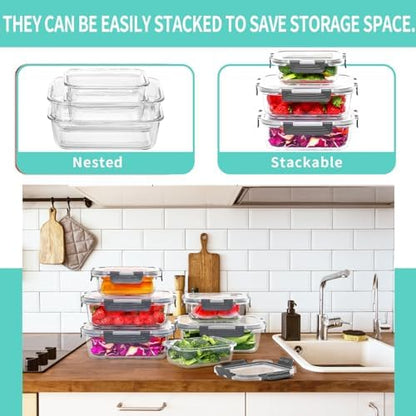 10-Pack Large Glass Meal Prep Containers, Food Storage Containers with Lids