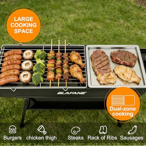 Charcoal Grill, Portable Outdoor BBQ Grill with Flat Griddle Plate