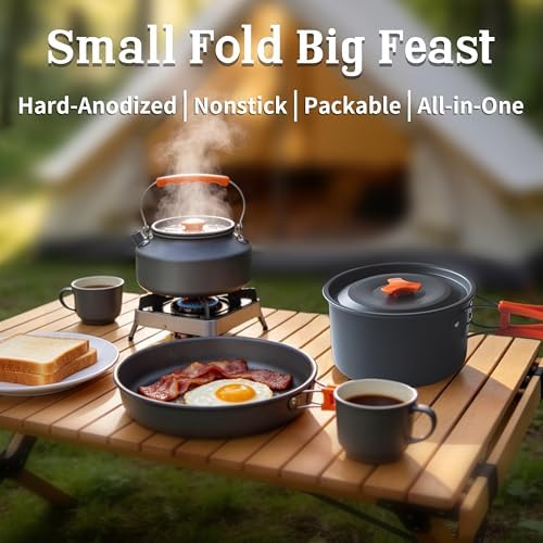 Collapsible Camping Cookware Set, Portable 4-in-1 Outdoor Camping pots and Pans Set with Nonstick Frypan, Pot, Kettle & Carry Bag, Hard-Anodized Aluminum for Camping, Hiking (2-6 Person)