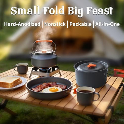 Collapsible Camping Cookware Set, Portable 4-in-1 Outdoor Camping pots and Pans Set with Nonstick Frypan, Pot, Kettle & Carry Bag, Hard-Anodized Aluminum for Camping, Hiking (2-6 Person)