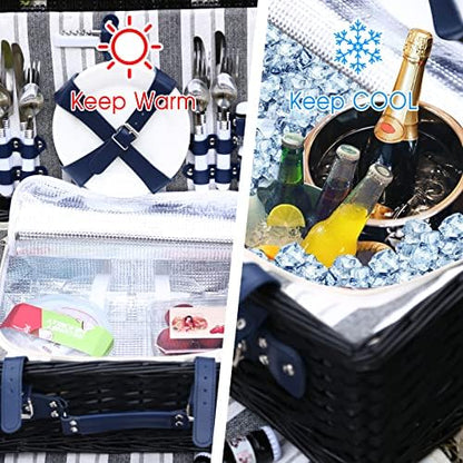 Wicker Picnic Basket for 4 with Waterproof Picnic Blanket