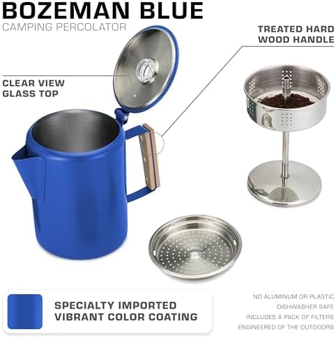 COLETTI Bozeman Color Series Percolator Coffee Pot — Camping Coffee Makers — Camping’s Favorite Percolator – NO Aluminum or Plastic (Blue, 9 Cup)