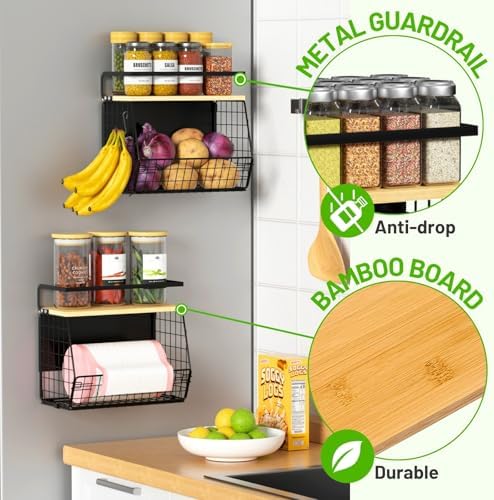Ofiray-home Magnetic Shelf for Fridge with Wood Lid, Fruit Potato and Onion Storage Bins, Pantry Organizers & Storage, Large Container Magnetic Spice Rack for Refrigerator, Kitchen Counter (Black, 2)