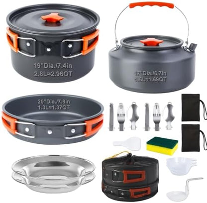 18-Piece Large Capacity Camping Cookware Set Aluminum Mess Kit