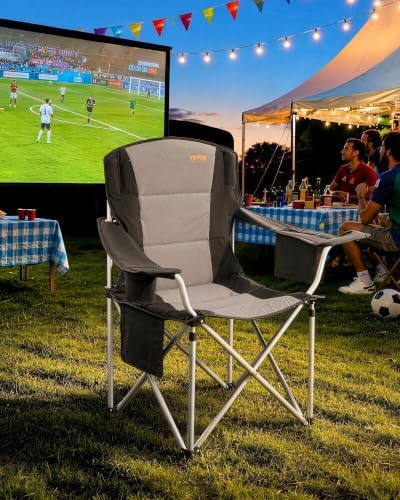 VEVOR Oversized Camping Folding Chair, Portable Heavy Duty Outdoor Quad Lumbar Back Padded with Side Pockets, Cup Holder and Cooler Bag for Beach, Lawn, Picnic, Fishing, Backpacking, Black