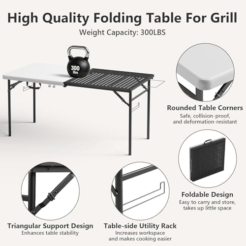 2 Pack 5ft Folding Table for Picnic Camping, Portable Outdoor Table with Metal Grid Grilling Surface, Heavy Duty Foldable Table for Cook Prep,Suitable for Camping, Backyard, Patio and Beach.