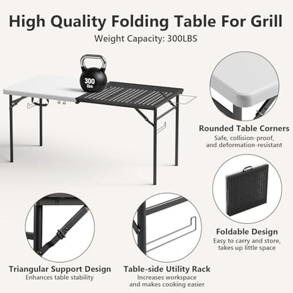 2 Pack 5ft Folding Table for Picnic Camping, Portable Outdoor Table with Metal Grid Grilling Surface, Heavy Duty Foldable Table for Cook Prep,Suitable for Camping, Backyard, Patio and Beach.