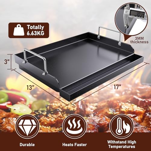 Pre-seasoned Cast Iron Griddle for Gas Grill, Nanoceramic Nonstick Flat Top Griddle Insert for Outdoor Gas Grill, 17" x 13" Flat Top Plate for Weber, Nexgrill, Charbroil Grills, Plancha Para Cocinar