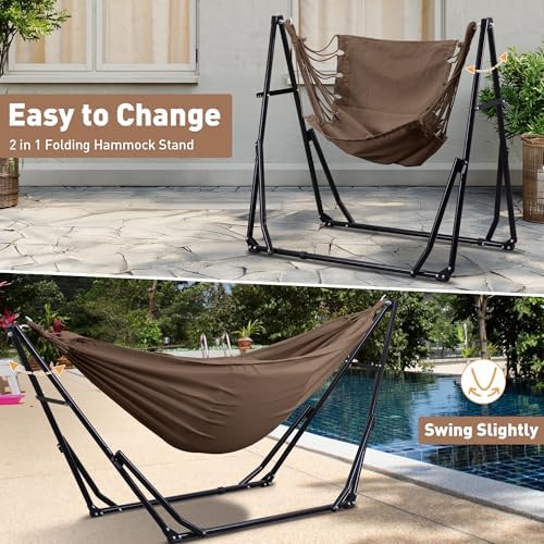 Ainfox Hammock with Foldable Stand, 2 in 1 Hammock and Swinging Chair with Carrying Bag, Portable Camping Chair Suitable for Outside, Swing,Patio,Garden,Camping Trip Coffee