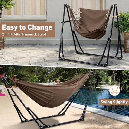 Ainfox Hammock with Foldable Stand, 2 in 1 Hammock and Swinging Chair with Carrying Bag, Portable Camping Chair Suitable for Outside, Swing,Patio,Garden,Camping Trip Coffee