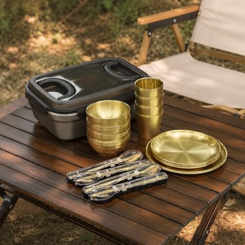 304 Stainless Steel Dinnerware Sets for 6, Portable Camp Kitchen Dinnerware, Shiny Outdoor Dish Sets, Family Camping Plates Bowls 33.5x23.5x12.5cm, 4-Person Tableware Set