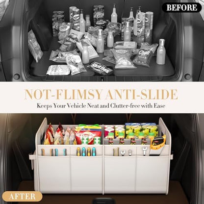 titiyiof Trunk Organizer For Suv & Sedan,Car Organizers and Storage, Waterproof Collapsible & Adjustable Straps,Sturdy Car Organization for Car Accessories, Tools,Food，Sundries,2-3 Compartment（Beige）