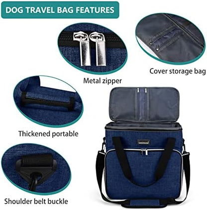 BAGLHER Dog Travel Bag, Pet Travel Bag (ALL Pet Travel Supplies), With 2 Pet Food Containers and 2 Collapsible Silicone Bowls; Essential Kits for Pet Travel Dark Blue