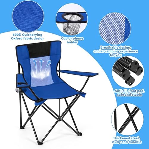 Shellwei 2 PCS Folding Camping Chair with Cupholder and Carry Bag Regular Size Colorful Breathable Portable Lightweight Lawn Chair with Side Pocket for Fishing Hiking Beach Outdoor Activity