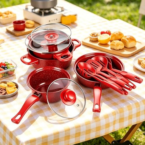 13 Piece Set Non-Stick Cookware Set, Portable Lightweight Cast Iron Pots and Pans with Glass Lids and Nylon Utensils for Outdoor Camping Picnic Travel Cookware