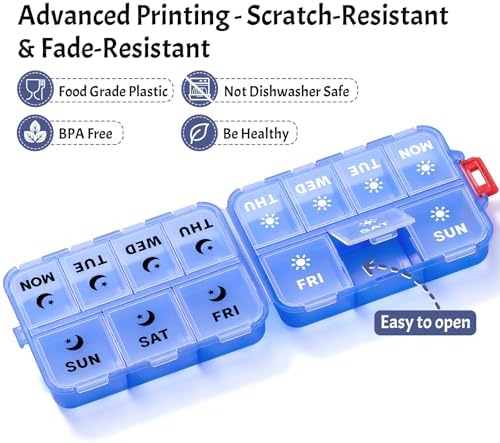 Foldable Portable 7 Day Pill Organizer 2 Times a Day, AM PM Weekly Pill Box