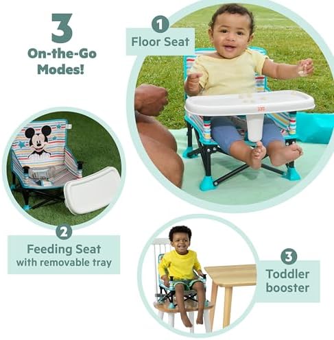 Bright Starts Disney Mickey Mouse Pop 'N Sit Portable Booster, Indoor/Outdoor Use, Floor Seat with Feeding Tray, Blue, 6 Mos - 3 Yrs