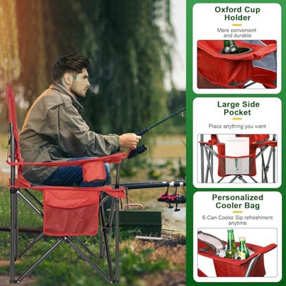 Oversized Padded High Back Camping Chairs,2 Pcs Heavy Duty Folding Chairs Support 500LBS with Cooler Bag,Cup Holder Cooler Bag, Collapsible Chairs for Outdoor, Tailgate, Fishing, Red