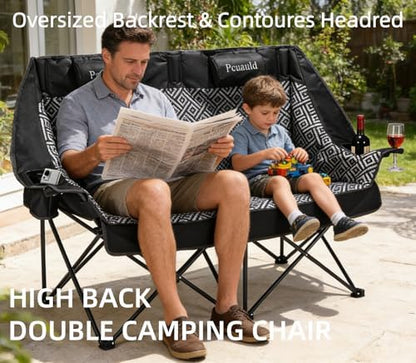 High Back Double Camping Chair Padded Folding Loveseat with Adjustable Pillows Heavy Duty 2 Person Camping Lawn Chairs for Adults with Cup Holders & Wine Racks for Outdoor Sports Beach Fishing