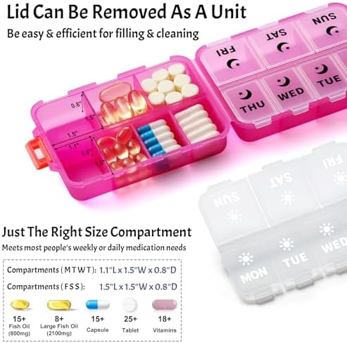 Foldable Portable 7 Day Pill Organizer 2 Times a Day, AM PM Weekly Pill Box