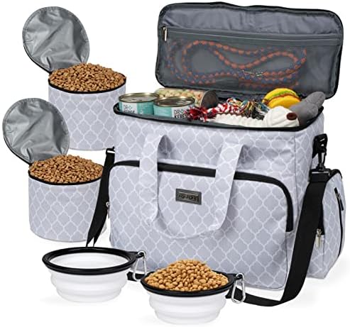 BAGLHER Dog Travel Bag, Pet Travel Bag (ALL Pet Travel Supplies), With 2 Pet Food Containers and 2 Collapsible Silicone Bowls; Essential Kits for Pet Travel DLwhite