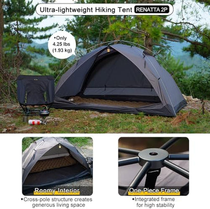 Soomloom Hiking Tent RENATTA 2P Lightweight Spacious Comfortable Camping Windproof Waterproof UV Protection Ventilation Easy Setup 2-Person Camping Shelter
