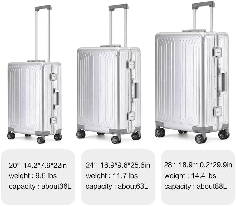 Metal all aluminum carry-on suitcase 20 "hard face, TSA lock and rotating wheel zippered luggage set (black, 20 '')
