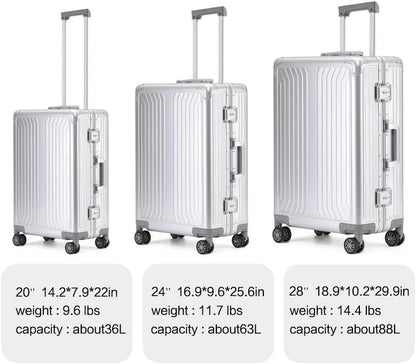 Metal all aluminum carry-on suitcase 20 "hard face, TSA lock and rotating wheel zippered luggage set (dark grey, 24 '')