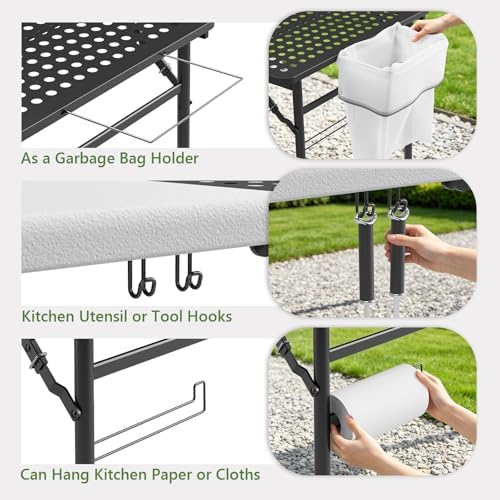 Folding Table 2 Pack, 5ft Folding Grill Table, Portable Camping Table for Cooking&BBQ Prep, 2-in-1 Metal&Solid Surface Foldable Grill Station for Camping Cooking, Backyard, Patio Use(Black and White)