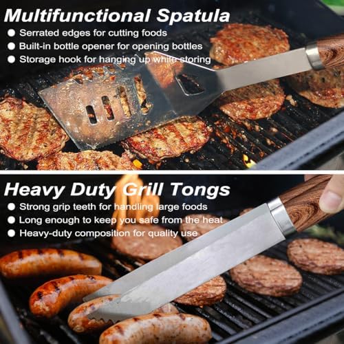 POLIGO 22PCS Heavy Duty BBQ Grill Accessories Set, Non-Slip Grill Tools for Outdoor Grill Set Stainless Steel Grill Utensils Set, Deluxe Grilling Tools Set in Aluminum Case Ideal Gifts for Men Brown