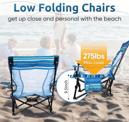 HaSteeL Low Beach Chairs, 2Pcs Folding Camping Lawn Chairs - Striped
