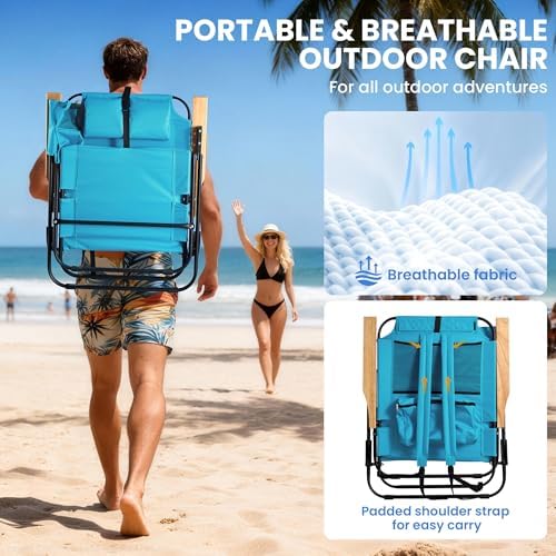 2 Pack Premium 5-Position Reclining Camping Chair - Portable Folding Lightweight Outdoor Chair with Wooden Armrests, Headrest & Pockets, 350lbs Heavy Duty for Beach, Patio, Backyard, Blue