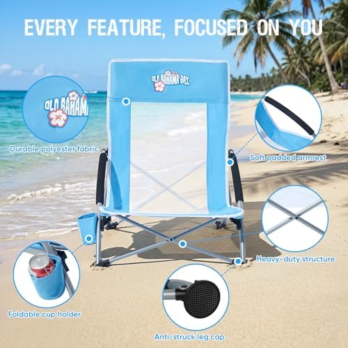 Old Bahama Bay 2 Pack Low Beach Chair - Heavy Duty 350lbs Capacity, Lightweight Folding Sand Chair with Breathable Mesh, Cup Holder & Carry Bag - Portable Low Profile Chair for Beach, Camping