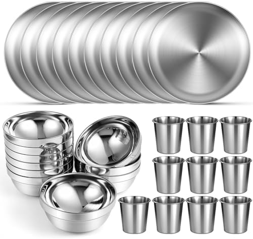 Sunnyray 10 Sets Stainless Steel Plates, Bowls, Cups for Camping
