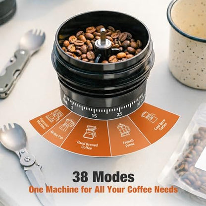 2-in-1 Portable Electric Burr Coffee Grinder - Grind & Brew, 38 Adjustable Settings, Ceramic Alloy Burrs, Rechargeable, with Cups, Filter & Lid for Home, Travel & Camping