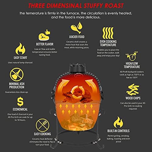 13" Portable Round Ceramic Charcoal Grill,Outdoor Barbecue Smoker,Heavy Duty Outdoor BBQ Grill,Vertical Camping Barbecue Grill,with Built-in Thermometer,for Garden Patio Beach Backyard (Black)