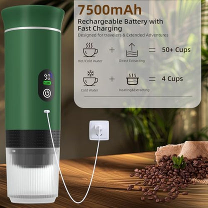 Portable Coffee Maker for Travel & Camping, Portable Espresso Maker with Bag, Rechargeable Cordless Battery Operated Coffee Makers for Ground Coffee, NS Capsule RV, Hiking, Office(Green)