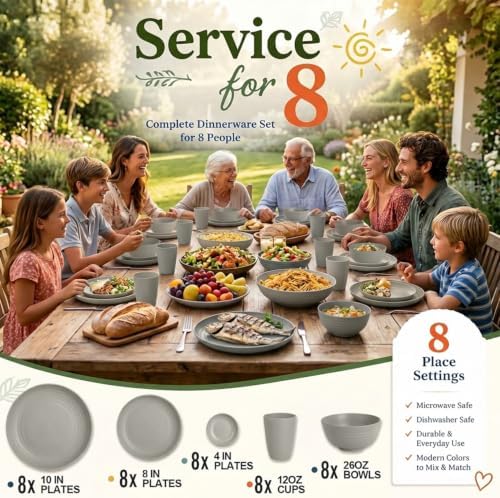 Wrova Modern Plates and Bowls Sets for 8, 40PCS Wheat Straw Dinnerware Sets