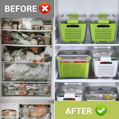 LUXEAR Fruit Vegetable Storage Container, 4 Pack Fresh Containers for Fridge with Lids BPA-Free Produce Refrigerator Organizer for Fruit, Veggie, Berry, Meat Storage Keep Fresh Longer-Green