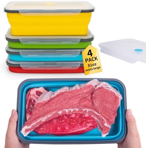 Extra Large Collapsible Food Storage Containers with Lid & Air Vent, 81 oz, 4 Pack, XXL Collapsible Marinade Container BBQ Prep Foldable Silicone Containers, Microwave Freezer Dishwasher Safe