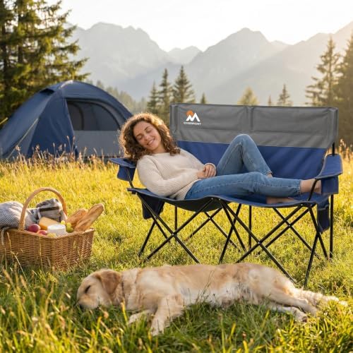 Overmont Double Camping Chair Compact Folding Loveseat with Cup Holders
