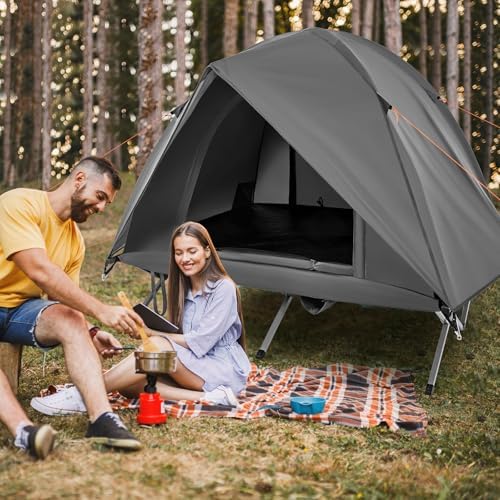LDAILY 2 Person Tent Cot, Camping Cot Tent Combo with Portable Roller Carry Bag and Waterproof Rainfly, Elevated Tent Camping Bed Combo for Outdoor Camping and Hiking Enthusiasts